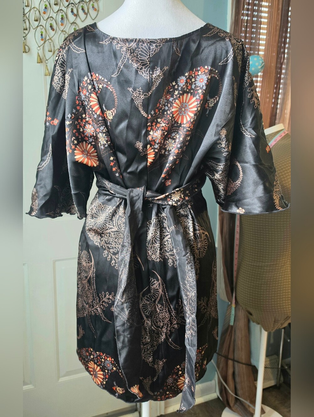 Y2K Vintage GLAM South Beach Satin Kimono Tunic Womens XL Black Dark Boho Floral - Picture 4 of 12